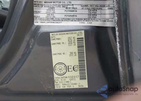 2017 Nissan Altima 2.5/2.5 S/2.5 Sl/2.5 Sr/2.5 Sv из США, поврежденный, VIN 1N4AL3AP5HN350317